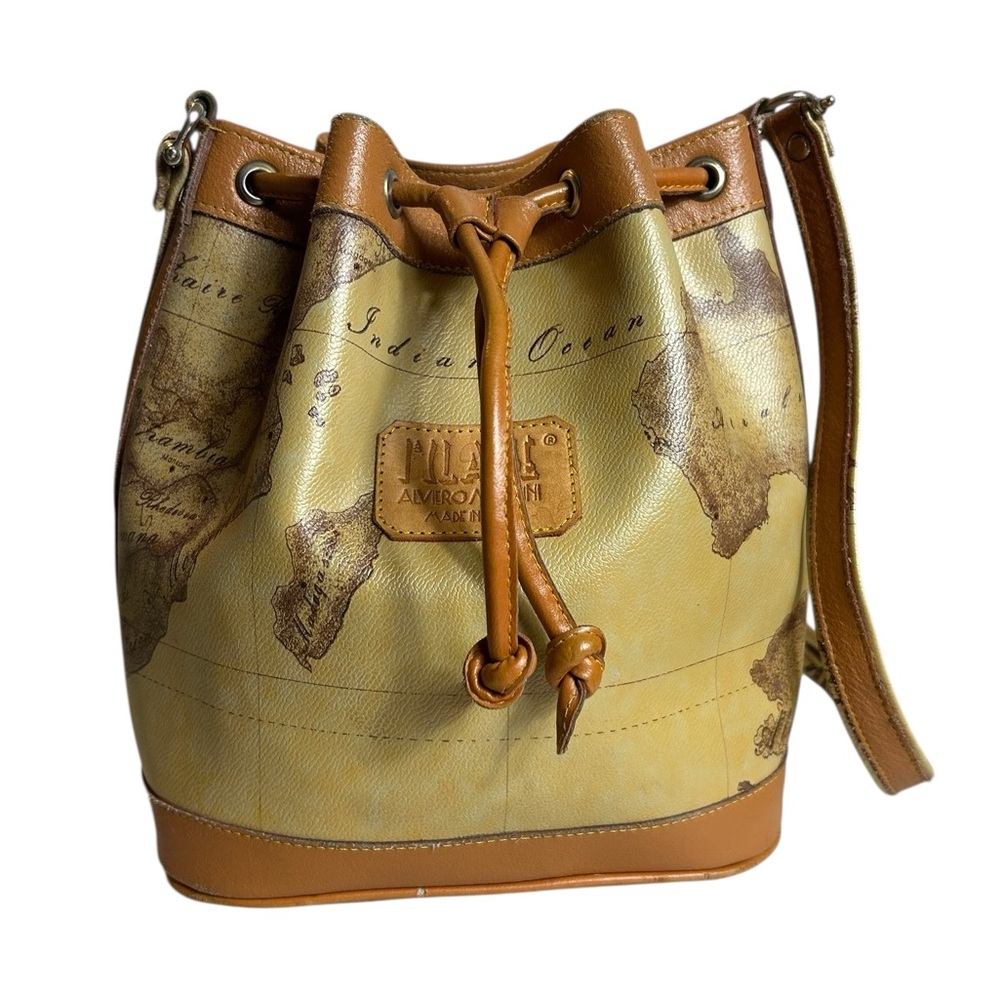 Alviero Martini Crossbody Bag Tan Brown Italian Leather Geo Map Bucket